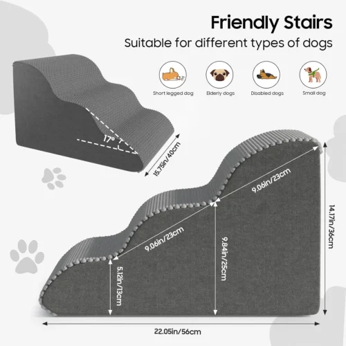 Alternative view of Pet Stairs for Small Dogs and Cats, Comfortable Curved Design with Waterproof Cover, High-Density Foam Steps for Beds or Sofas, Durable and Lightweight, 3-Layer, 21.7x15.7x13.8 Inches Grey