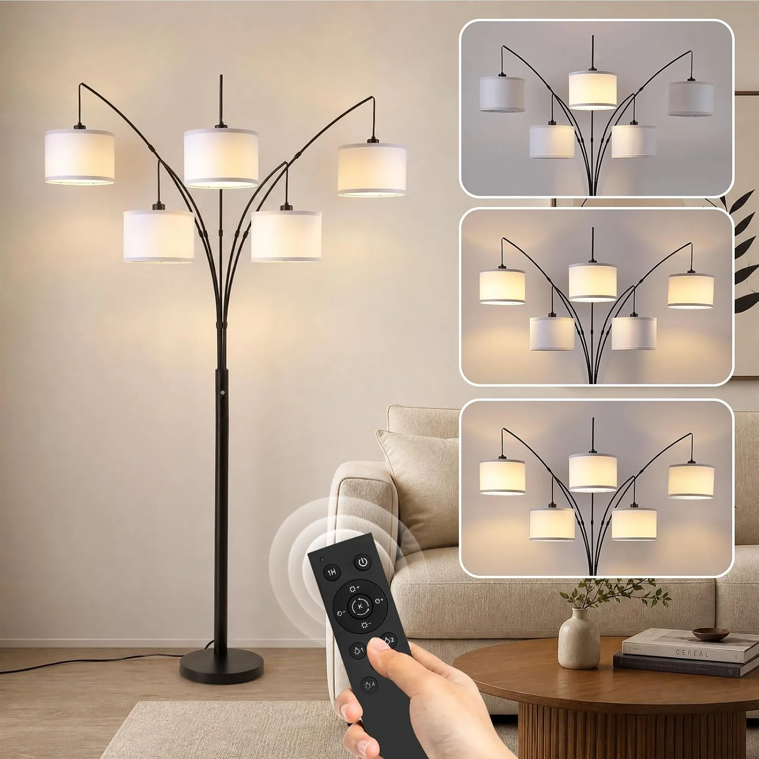 3 Light Arc Floor Lamp with Remote, Beige Shade Black Pole - Image 3