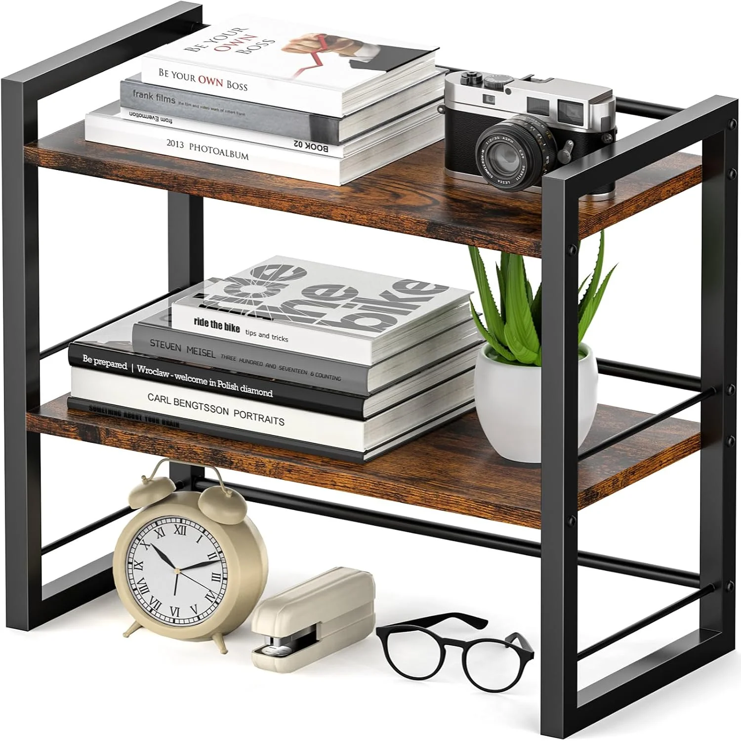 Office Desk Shelf Organizer, Wood Desktop Bookshelf Supplies Storage Rack, Shelf for Top of Desk and Dresser (Black-2 Tier)