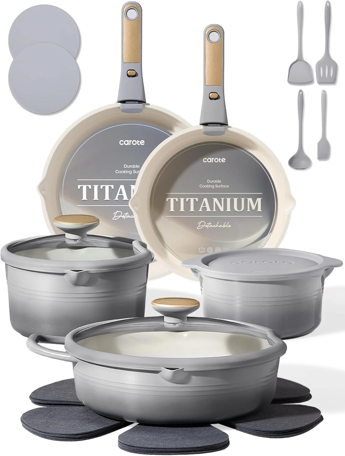 CAROTE 20pcs Titanium Cookware Set, Pots and Pans Set Detachable Handle