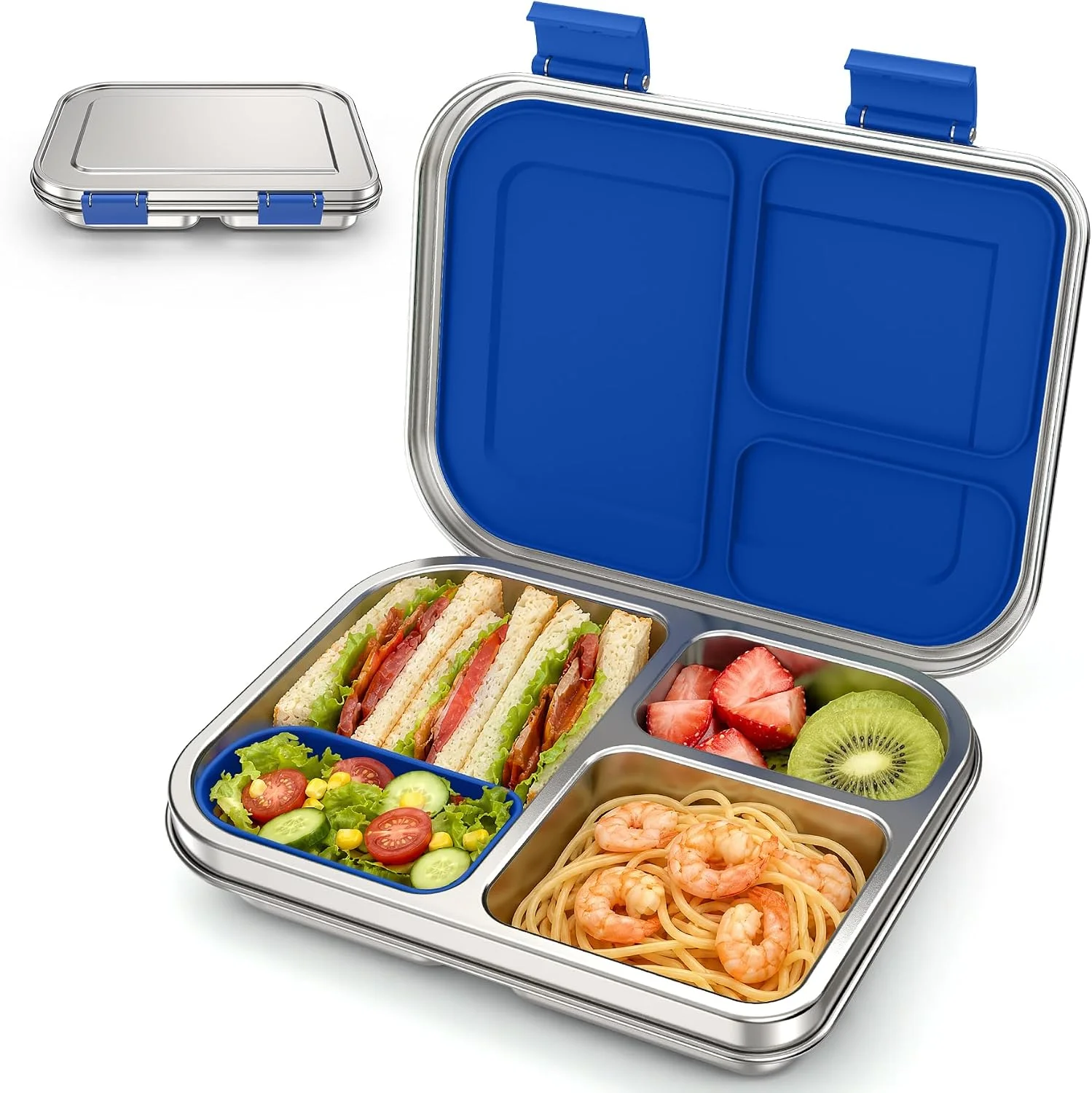 BABHAMNESS Stainless Steel Bento Box Kids, 3 Compartments Leak Proof Metal Bento Lunch Box, 304 Stainless Steel Bento Lunch Containers for School and Office, Dishwasher Safe, BPA-Free-Blue - Image 2
