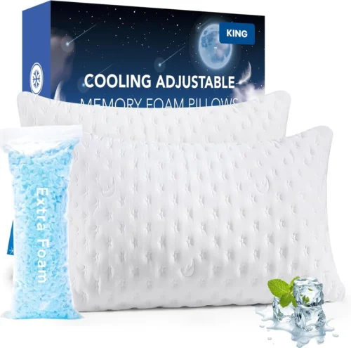 Cooling Side Sleeper Pillow for Neck and Shoulder, Luxury Shredded Memory Foam Curved Bed Pillows for Sleeping Set of 1- Adjustable Queen Size- Washable Cover Crescent White