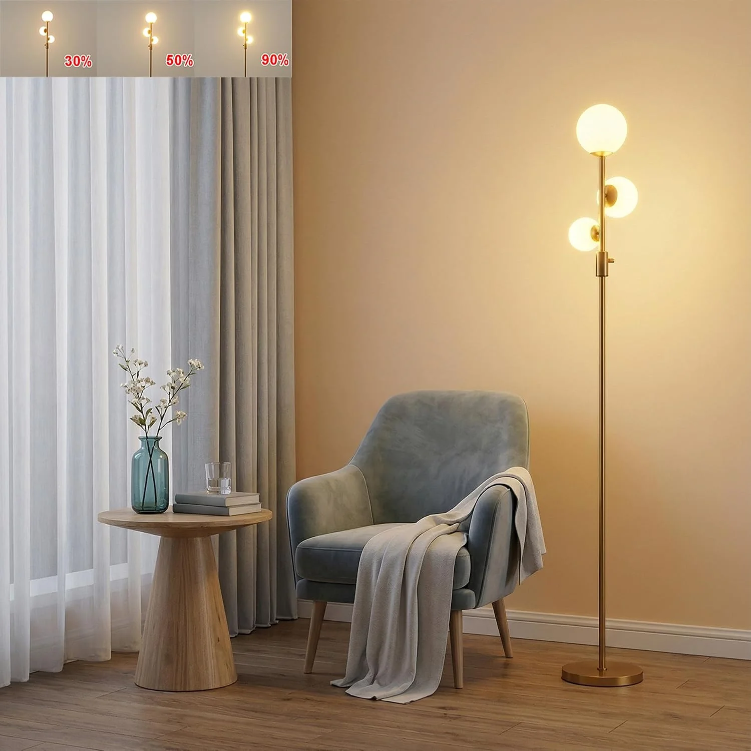 3 Globe Floor Lamp Mid Century Modern, Gold Standing Lamp with Frosted Glass Shade & LED Bulbs, Tall Pole Light with Foot Switch for Living Room - Image 3