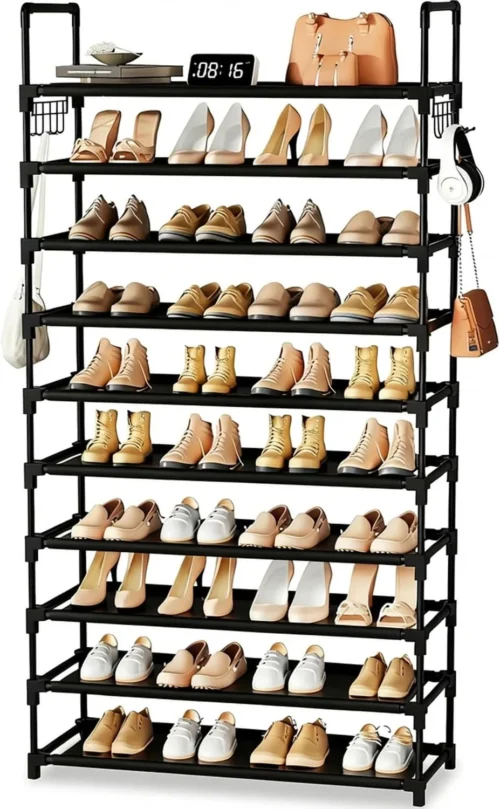 Alternative view of 10 Tier Shoe Rack, Large Capacity Tall Shoe Storage Organizer Holds 50-55 Pairs Shoes and Boots, Vertical Shoe Shelf Cabinet with Versatile Hooks for Closet Entryway Garage Bedroom