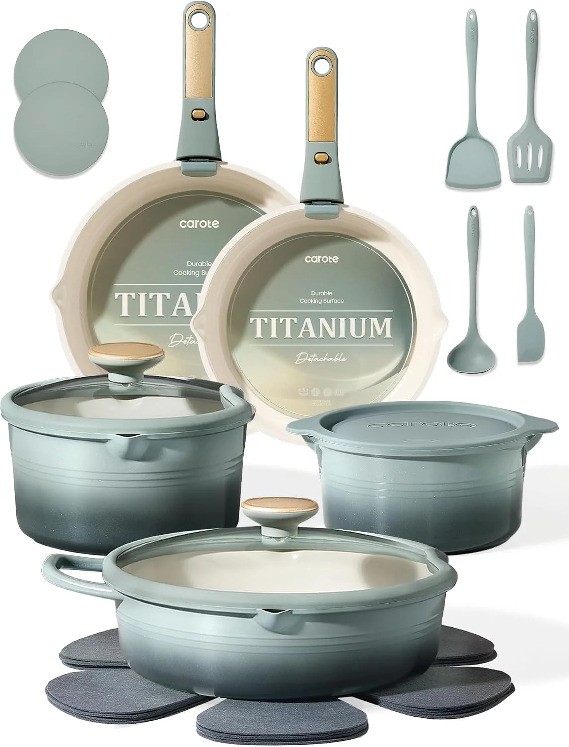 CAROTE 20pcs Titanium Cookware Set, Pots and Pans Set Detachable Handle - Image 3