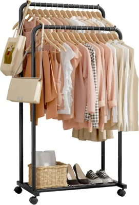 Sakugi Clothing Rack - Movable Multi-Functional Coat Rack with 4 Universal Wheels, Long-Lasting Metal Clothes Rack with Extra Storage Shelf for Bedroom, Office, Laundry(Black, 73W x 43.5D x 150H cm)