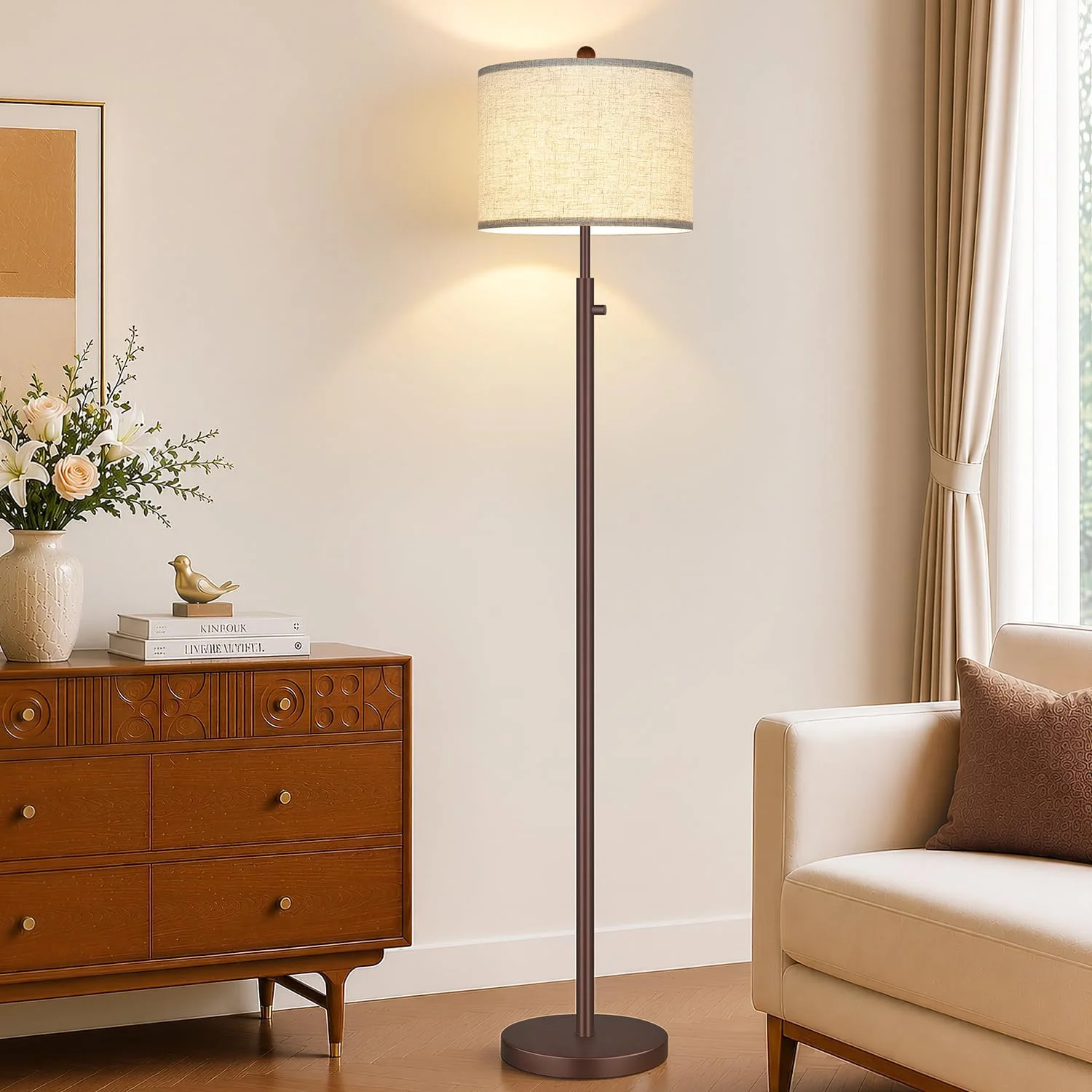 Dimmable Gold Floor Lamp, Turkish Marble Base, White Linen Shade - Image 2
