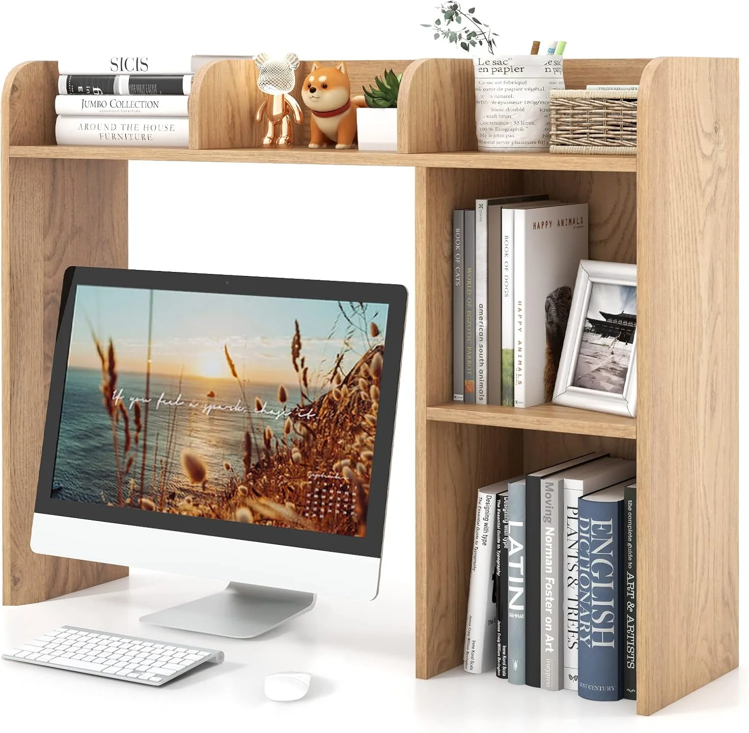 Desktop Bookshelf, Countertop Storage Hutch with 5 Shelves for Computer Desk, 3-Tier Display Rack, Multipurpose Wood Storage Organizer for Dorm Office Home - Image 10
