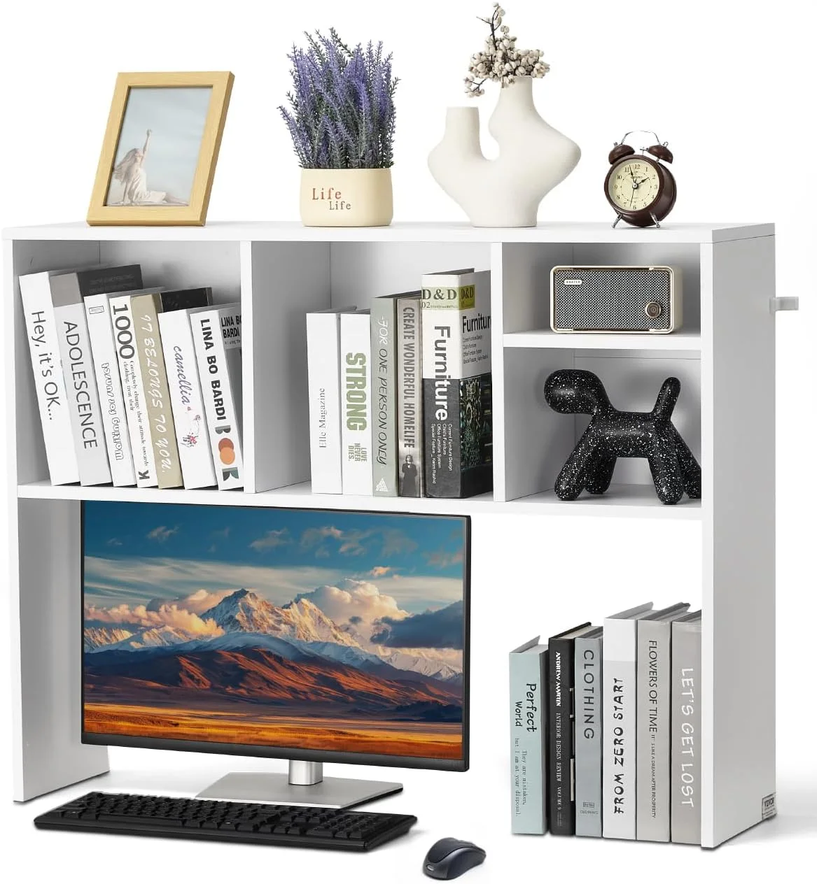 Wood Desk Shelf, Desktop Bookshelf, Desk Storage Hutch with 6 Shelves, Office Countertop Organizer 3-Tier Display Rack, with Anti-Slip Feet Pads, for Office, Home & Dorm, White - Image 10