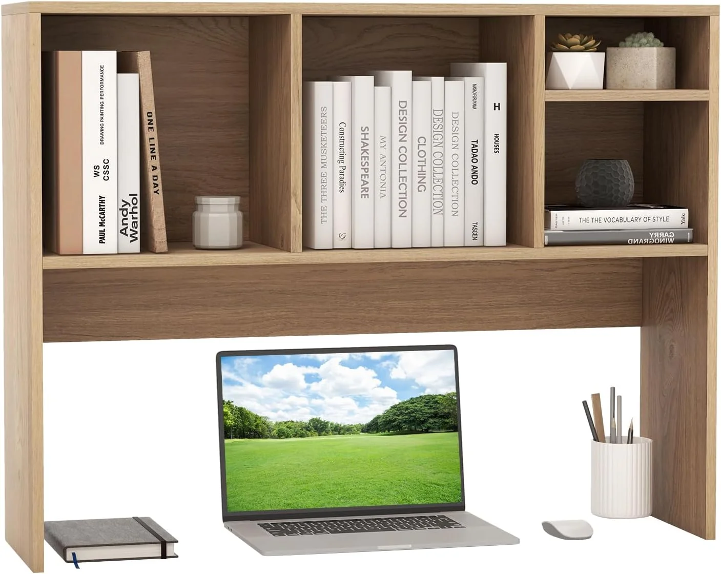 Desktop Bookshelf, 37 Desk Hutch Dorm for Computer Up to 32 Inch, Countertop Hutch w/6 Storage Shelves, 3-Tier Desktop Organizer Display Rack, Wood Desk Shelf for Home Office (Natural) - Image 22