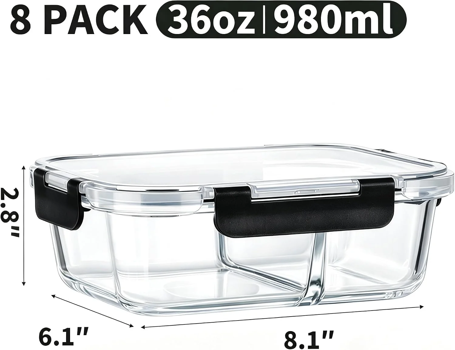 Pack 2 Compartment 36oz Borosilicate Glass Meal Prep Containers with Lids - Image 3