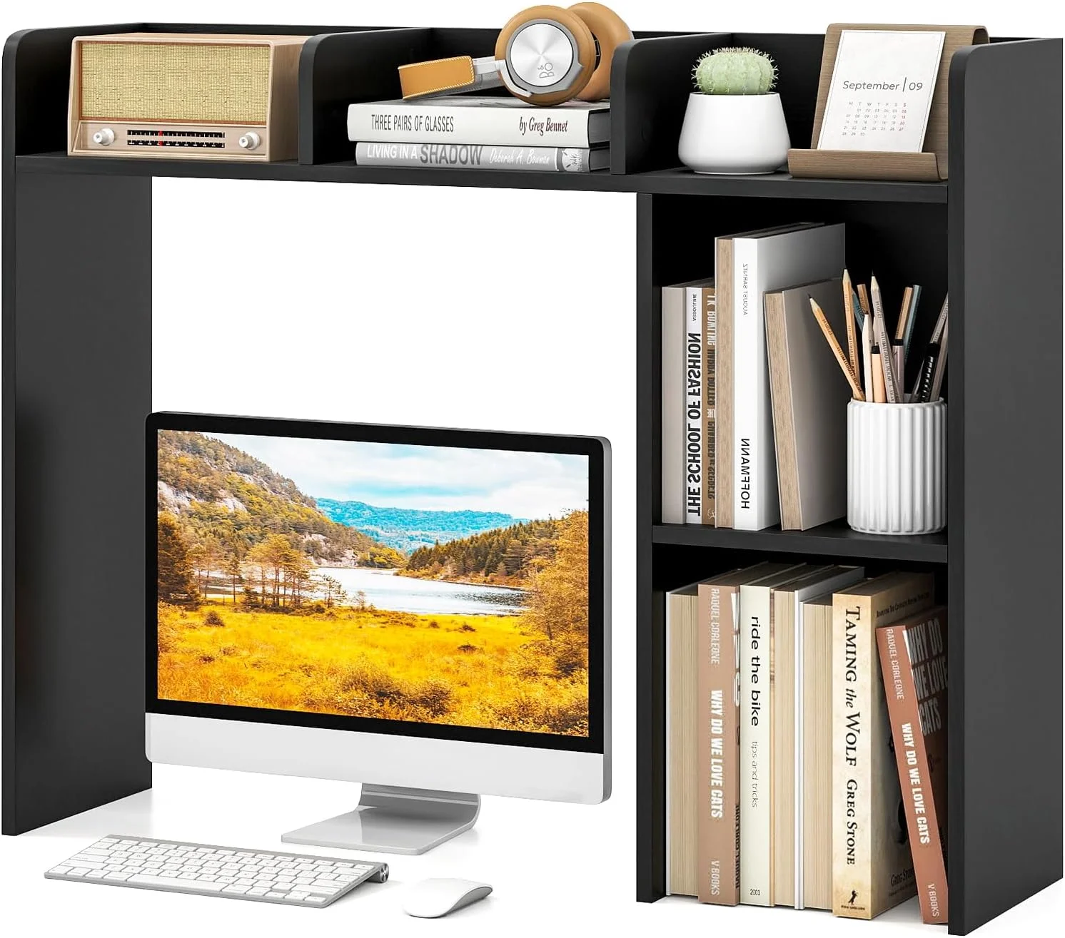 Desktop Bookshelf, Countertop Storage Hutch with 5 Shelves for Computer Desk, 3-Tier Display Rack, Multipurpose Wood Storage Organizer for Dorm Office Home - Image 15
