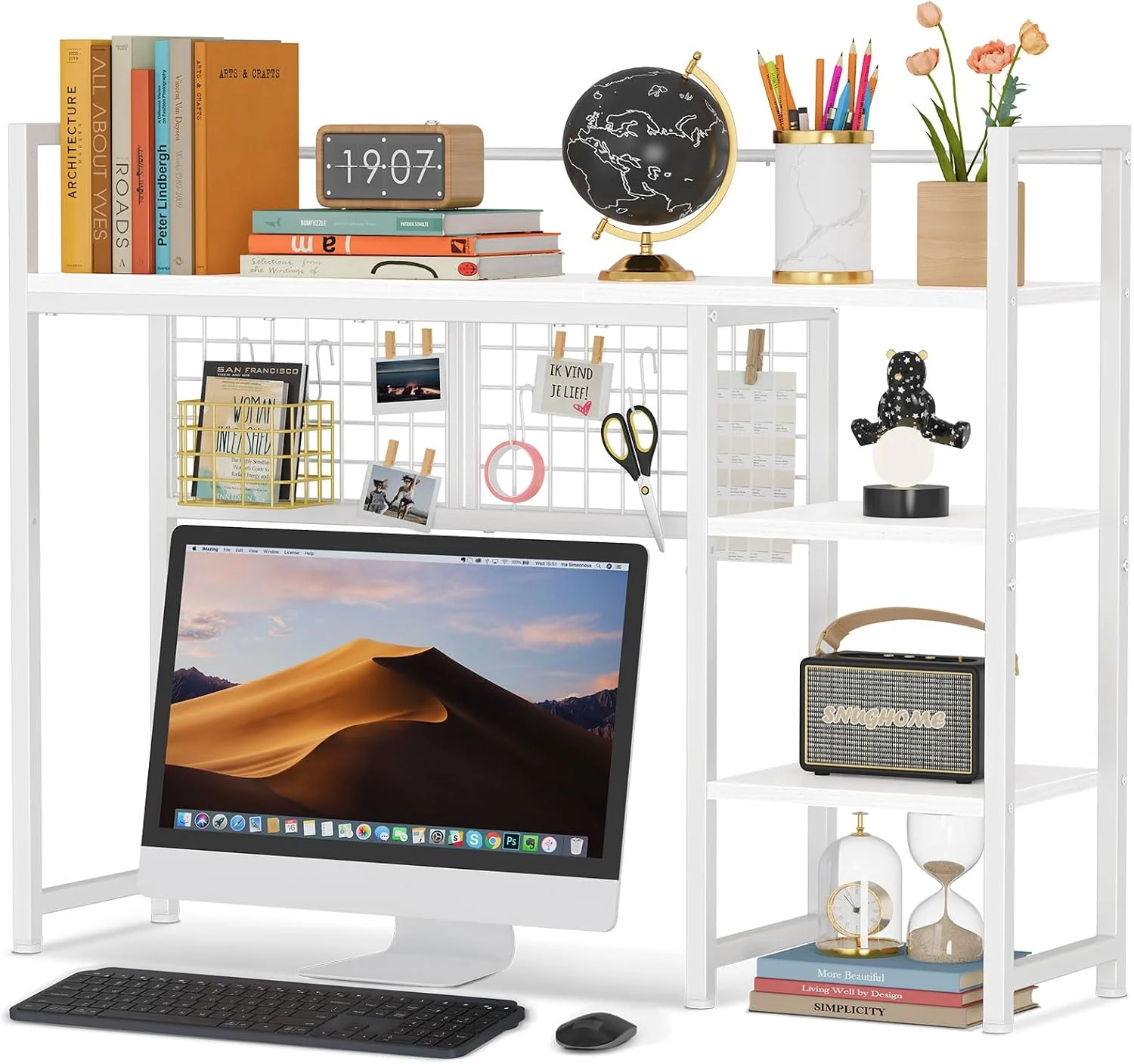 Desk Shelf, 44.9 Desktop Organizer Shelf, Desk Hutch for Computer Monitor, 4 Tier Desk Display Rack with Pegboard Hooks Set, Wood Desktop Bookshelf for Home Office Dorm - Image 2