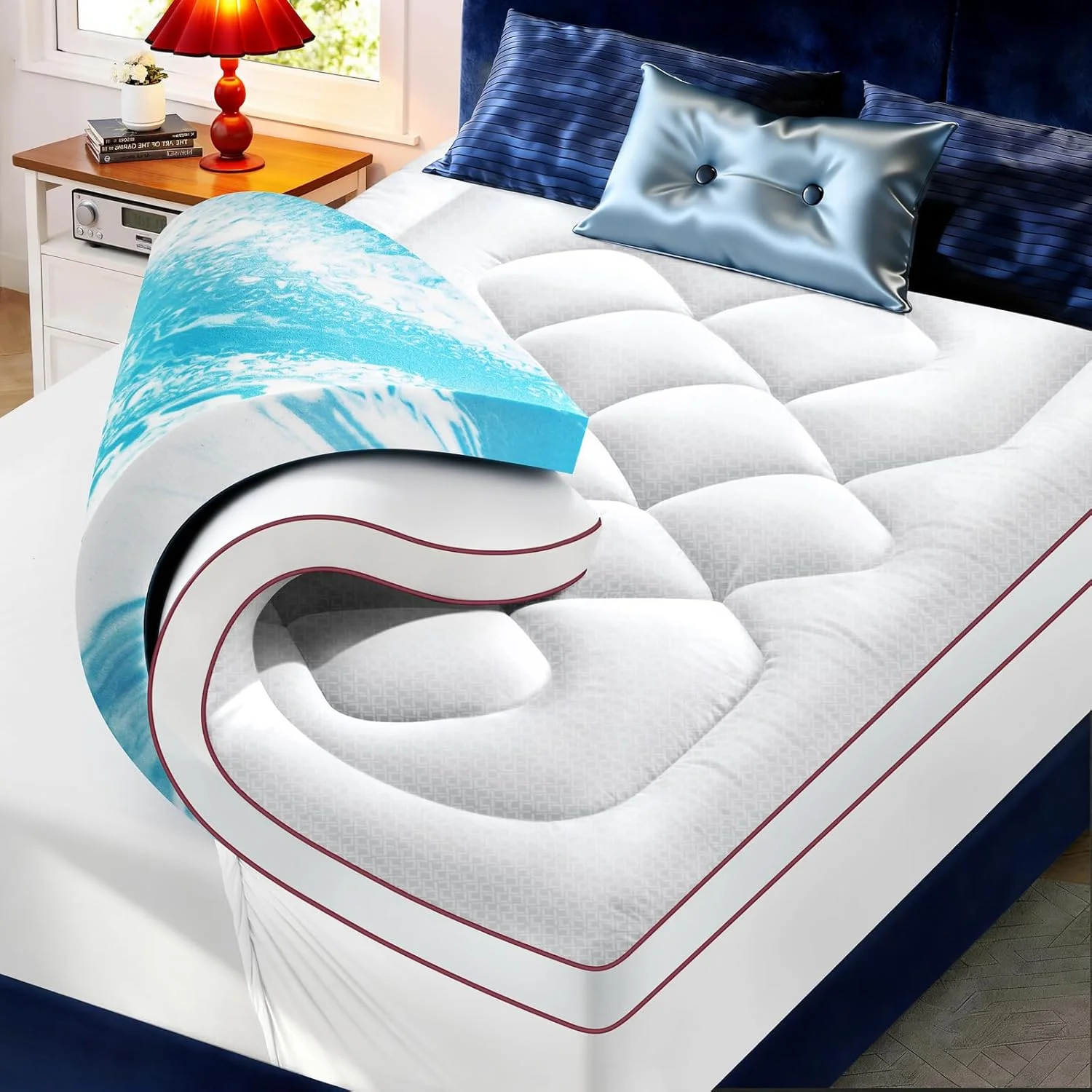 KELTARO Premium Mattress Topper Queen Size,4 Inch Dual Layer (2 Gel Memory Foam + 2 Plush Pillow Top) Comfort Support, Thick Mattress Pad Cover for Back Pain (60x80 inch)