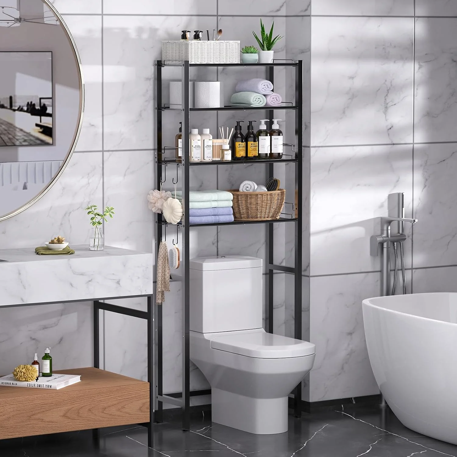 4 Tier Over The Toilet Storage Rack, Bathroom Organizer Shelves Cabinet Above Toilet, with Adjustable Height Freestanding Shelf Space Saver, Black - Image 2