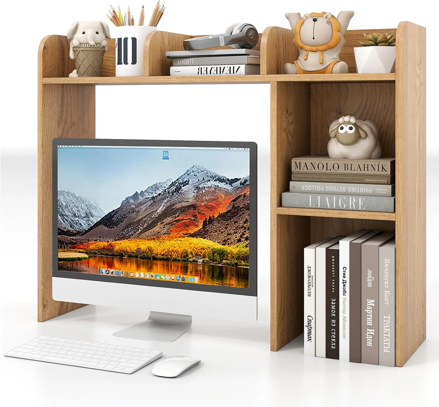 Desktop Bookshelf, 37 Desk Hutch Dorm for Computer Up to 32 Inch, Countertop Hutch w/6 Storage Shelves, 3-Tier Desktop Organizer Display Rack, Wood Desk Shelf for Home Office (Natural) - Image 11