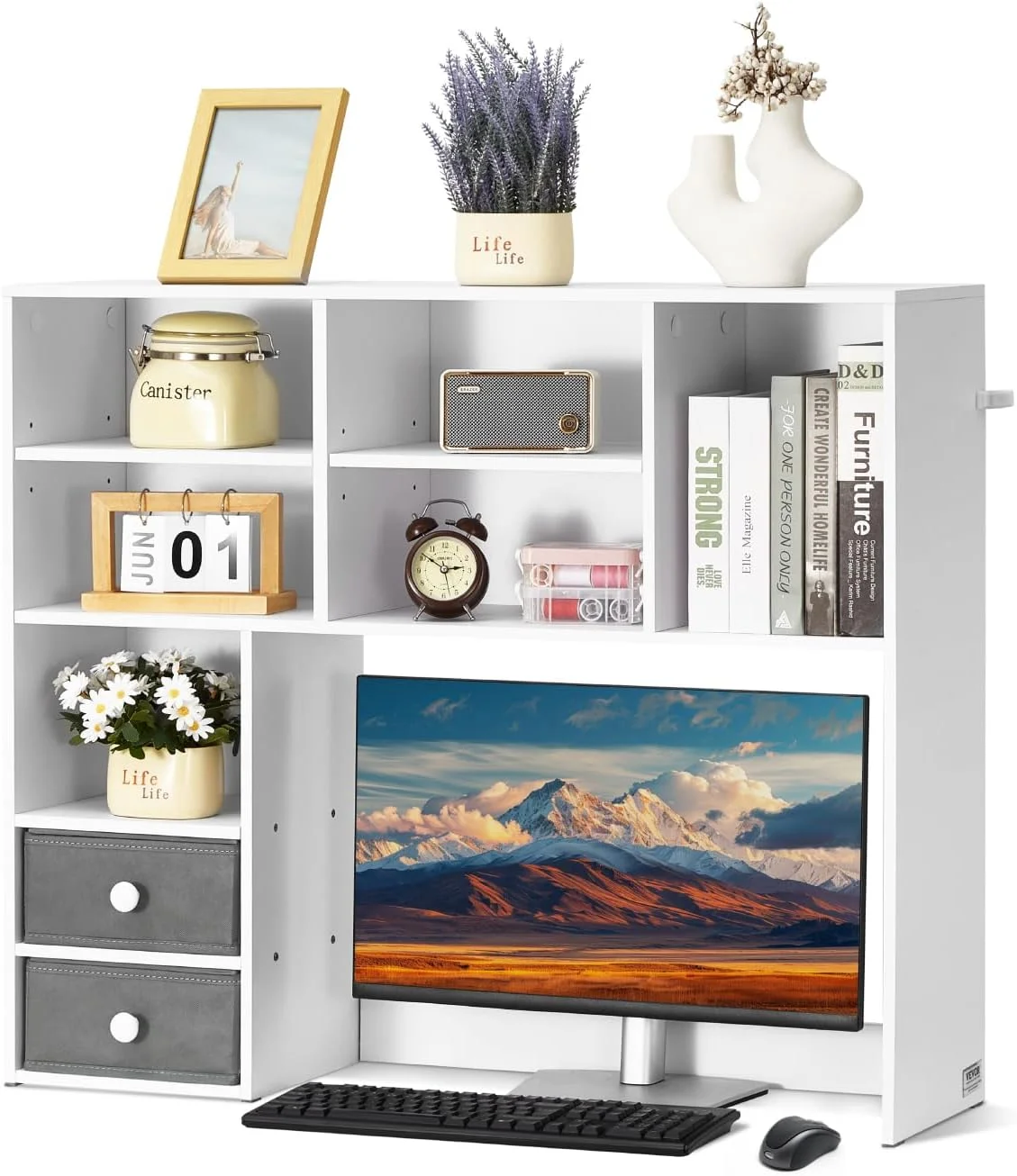 Wood Desk Shelf, Desktop Bookshelf, Desk Storage Hutch with 6 Shelves, Office Countertop Organizer 3-Tier Display Rack, with Anti-Slip Feet Pads, for Office, Home & Dorm, White - Image 4