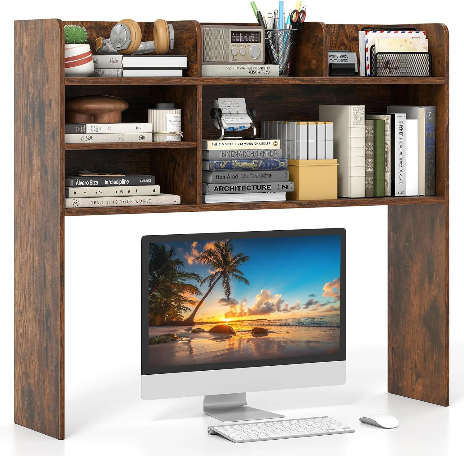 Desktop Bookshelf, 37 Desk Hutch Dorm for Computer Up to 32 Inch, Countertop Hutch w/6 Storage Shelves, 3-Tier Desktop Organizer Display Rack, Wood Desk Shelf for Home Office (Natural) - Image 4