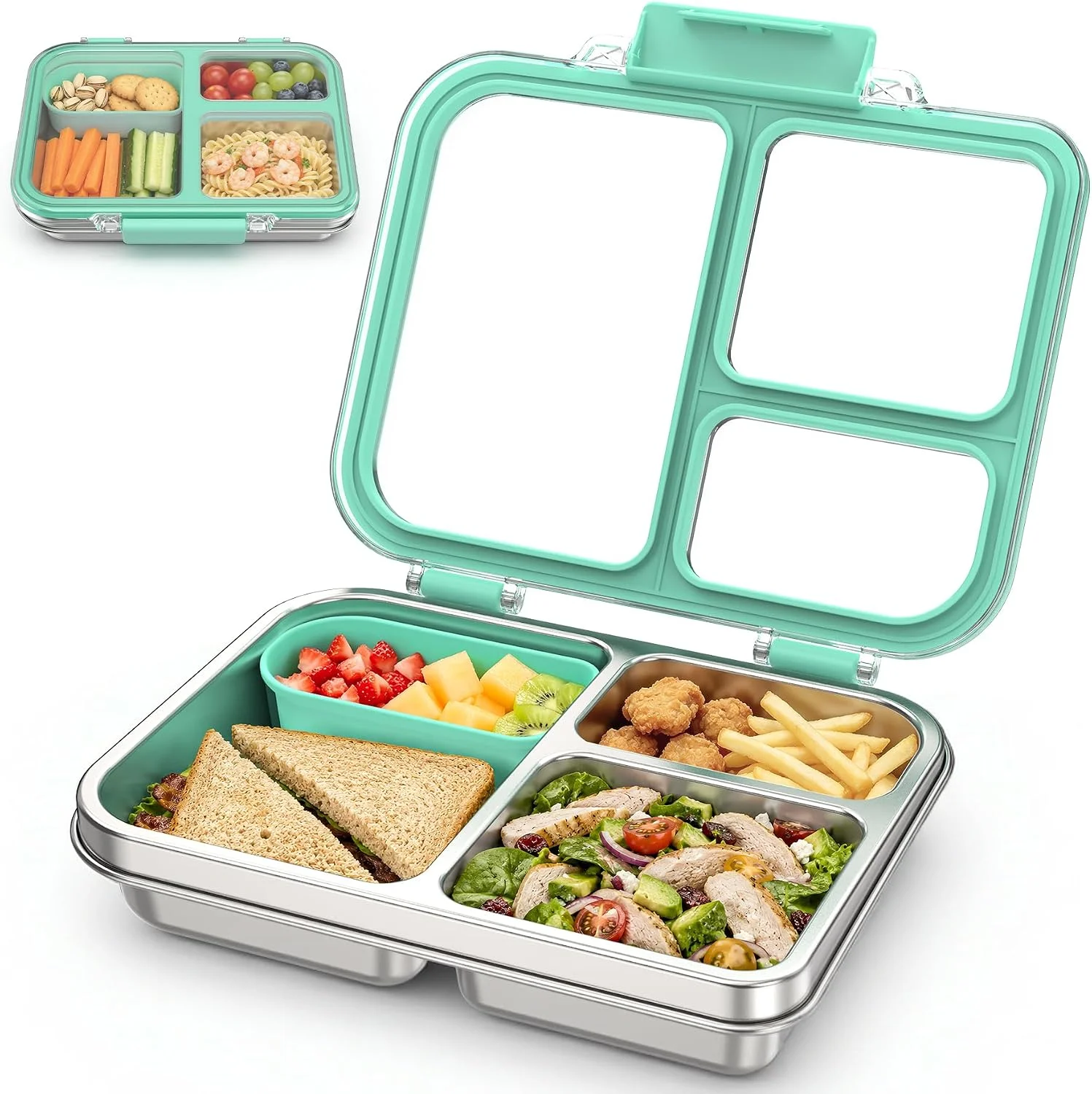 Stainless Steel Bento Box for Kids, 3-Compartment Metal Lunch Box with Clear Lid & Removable Silicone, Lunch Box Kids with Silicone Inner Container - Image 2
