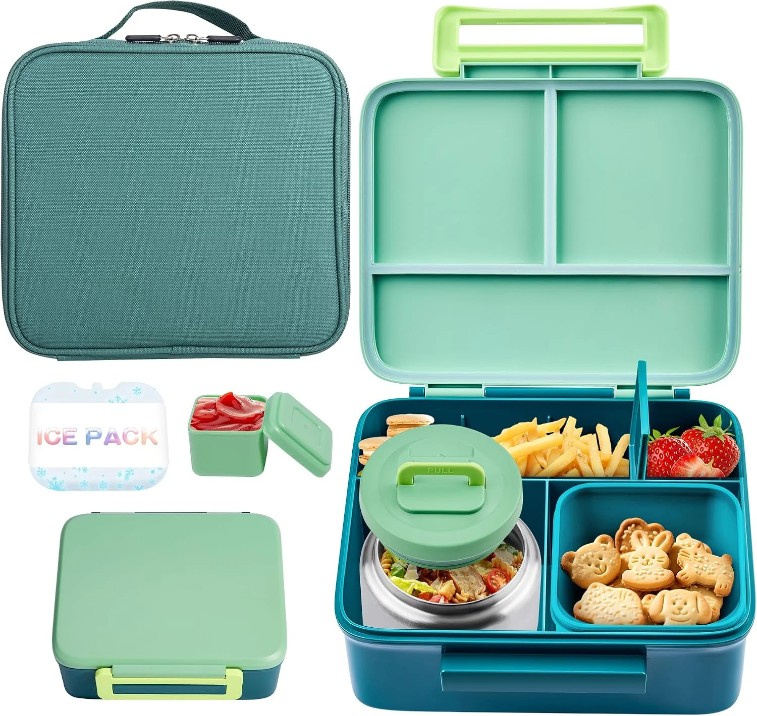 Bento Lunch Box for Kids with Thermo, Leakproof Bento Box with 8oz Insulated Food Jar, Lunch Bag, BPA Free Dishwasher Safe 4 Compartment Container for School Girls Boys (Blue) - Image 3