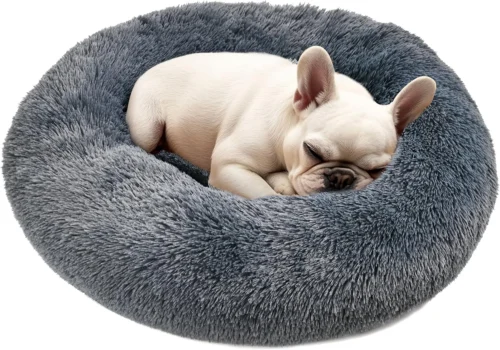 Dog & Cat Bed, 20in Cat Beds for Indoor Cats, Calming Donut Bed for Puppy and Kitten, Washable Round Fluffy Pet Bed for Small Medium Dogs and Cats (Light Grey)