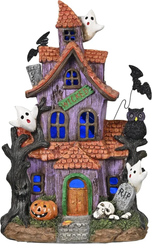 Alternative view of Madelyn Halloween Decorations, Lighted Halloween Village Houses with LED Lights, Resin Spooky Town Happy Haunted House for Home and Party Table Desk