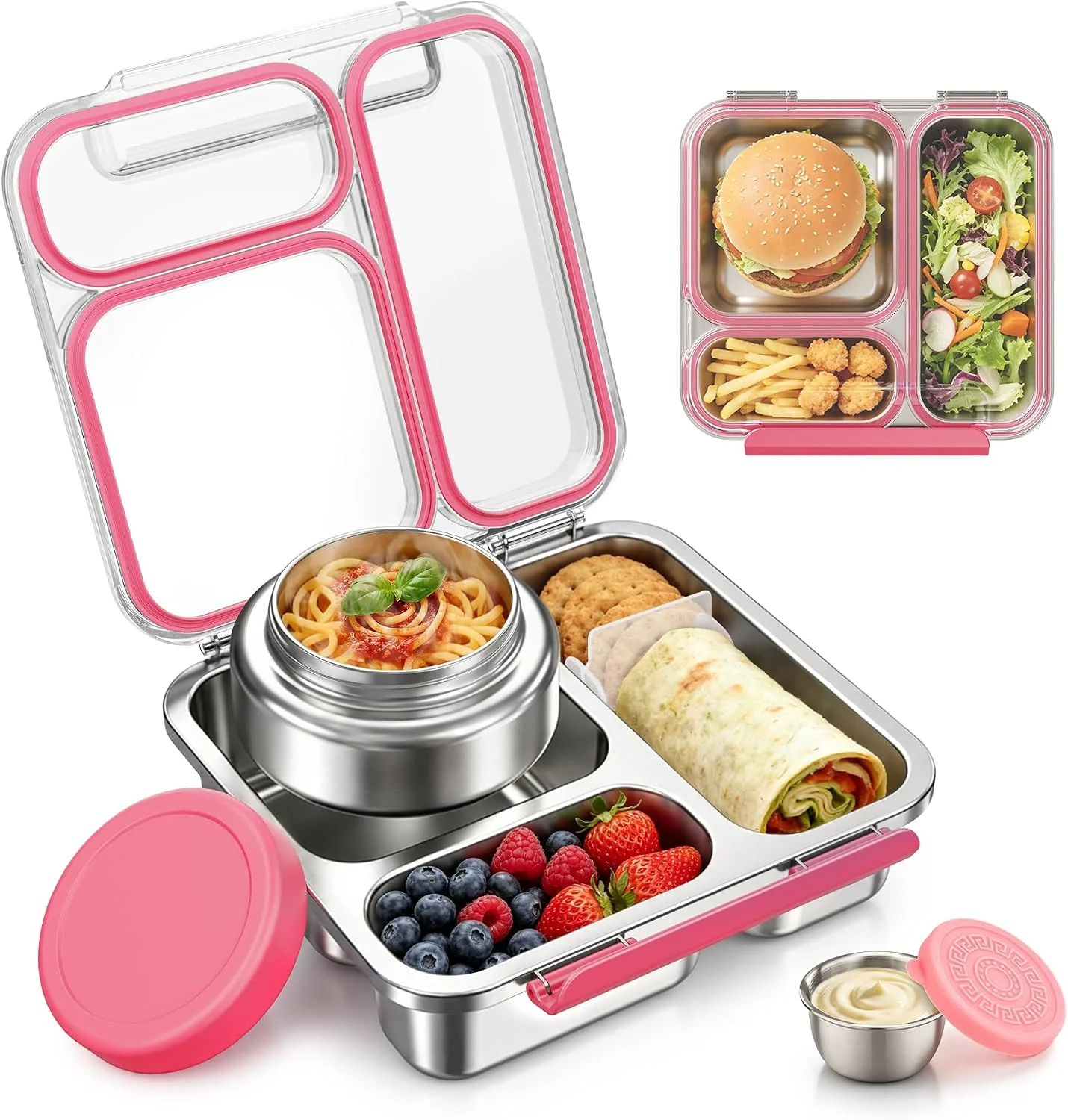Pawtong Stainless Steel Bento Box Kids Adult with 7oz Insulated Food Jar, Transparent Lid Metal Lunch Box With Soup Thermal Jar, Lunch Box Container with Removable Divider & Sauce Cup School (Pink) - Image 2