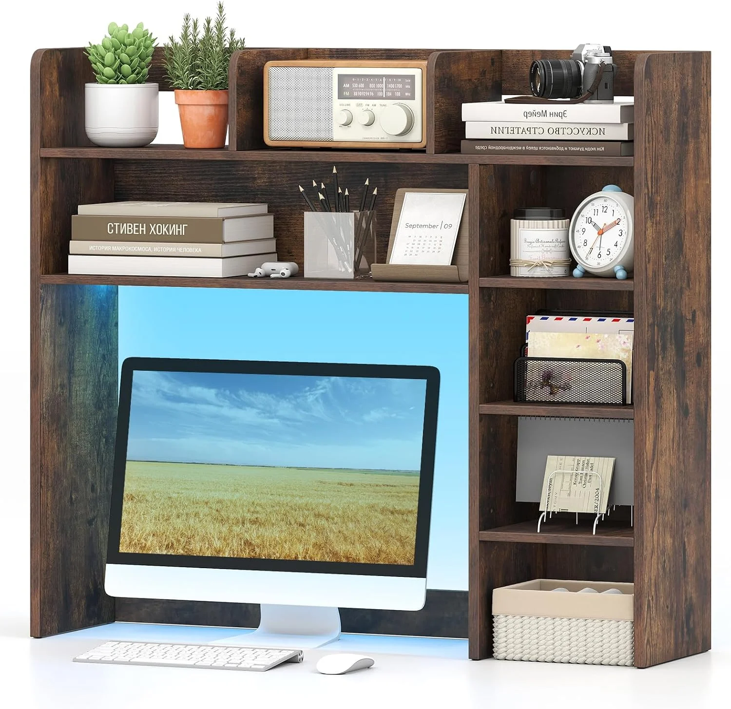 Desktop Bookshelf, Countertop Storage Hutch with 5 Shelves for Computer Desk, 3-Tier Display Rack, Multipurpose Wood Storage Organizer for Dorm Office Home - Image 9