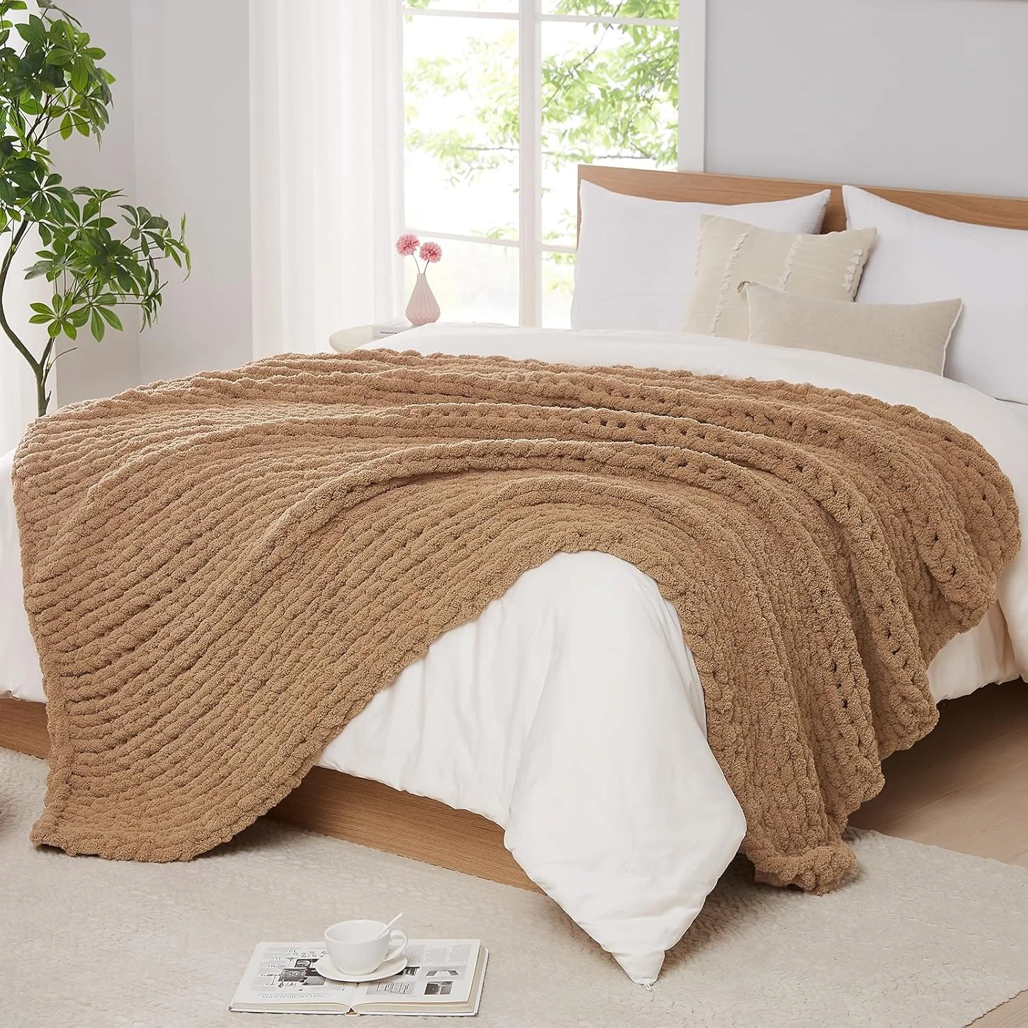 L'AGRATY Chunky Knit Throw Blanket for Couch, 50'' x 60'' Knit Throw, Ivory - Image 3