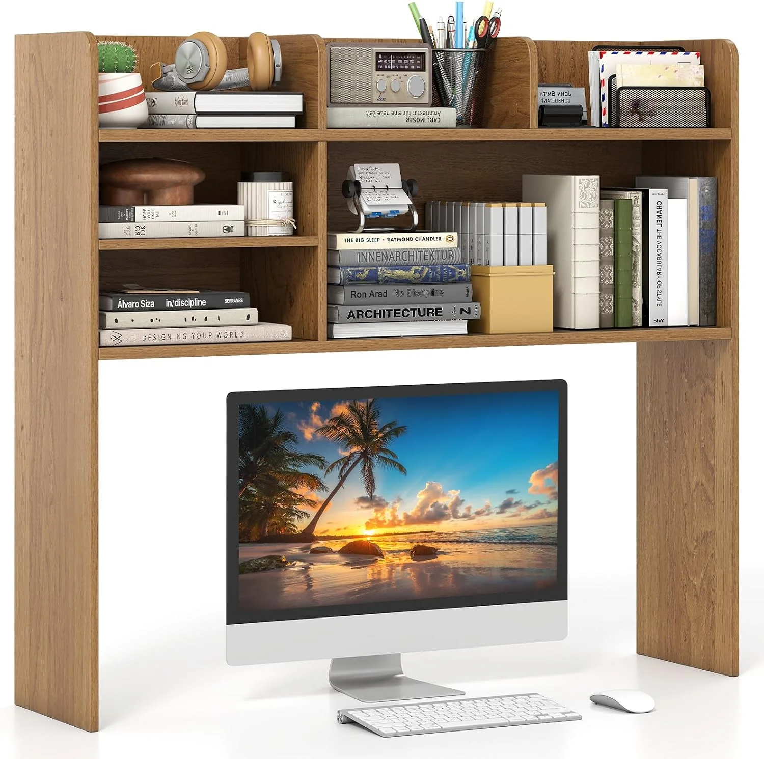 Desktop Bookshelf, 37 Desk Hutch Dorm for Computer Up to 32 Inch, Countertop Hutch w/6 Storage Shelves, 3-Tier Desktop Organizer Display Rack, Wood Desk Shelf for Home Office (Natural) - Image 16