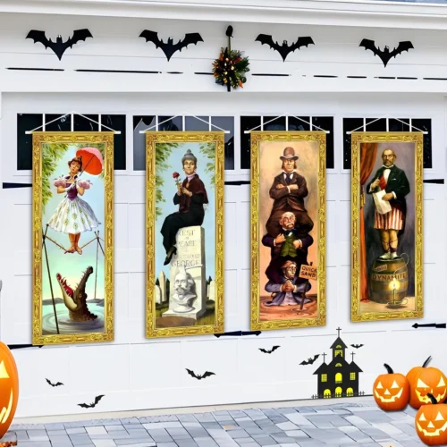 Decorations Large 4 PCS Haunted Mansion Stretching Portraits Vintage Vinyl Backdrop Decor Outdoor Horror Poster for Indoor Holiday Home Wall Art