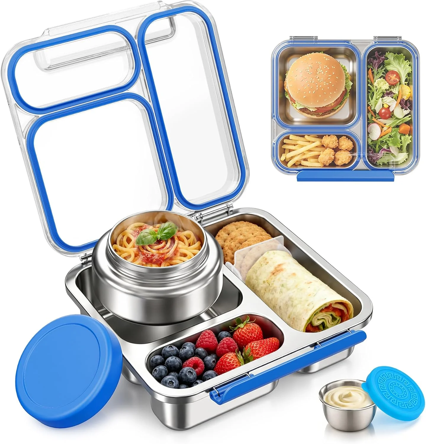 Pawtong Stainless Steel Bento Box Kids Adult with 7oz Insulated Food Jar, Transparent Lid Metal Lunch Box With Soup Thermal Jar, Lunch Box Container with Removable Divider & Sauce Cup School (Pink) - Image 3
