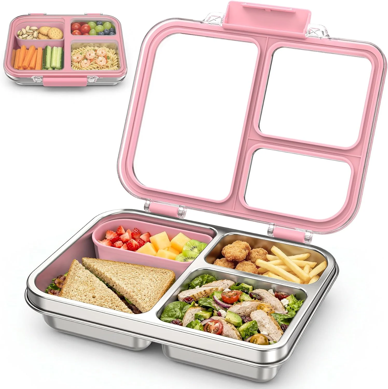 Stainless Steel Bento Box for Kids, 3-Compartment Metal Lunch Box with Clear Lid & Removable Silicone, Lunch Box Kids with Silicone Inner Container