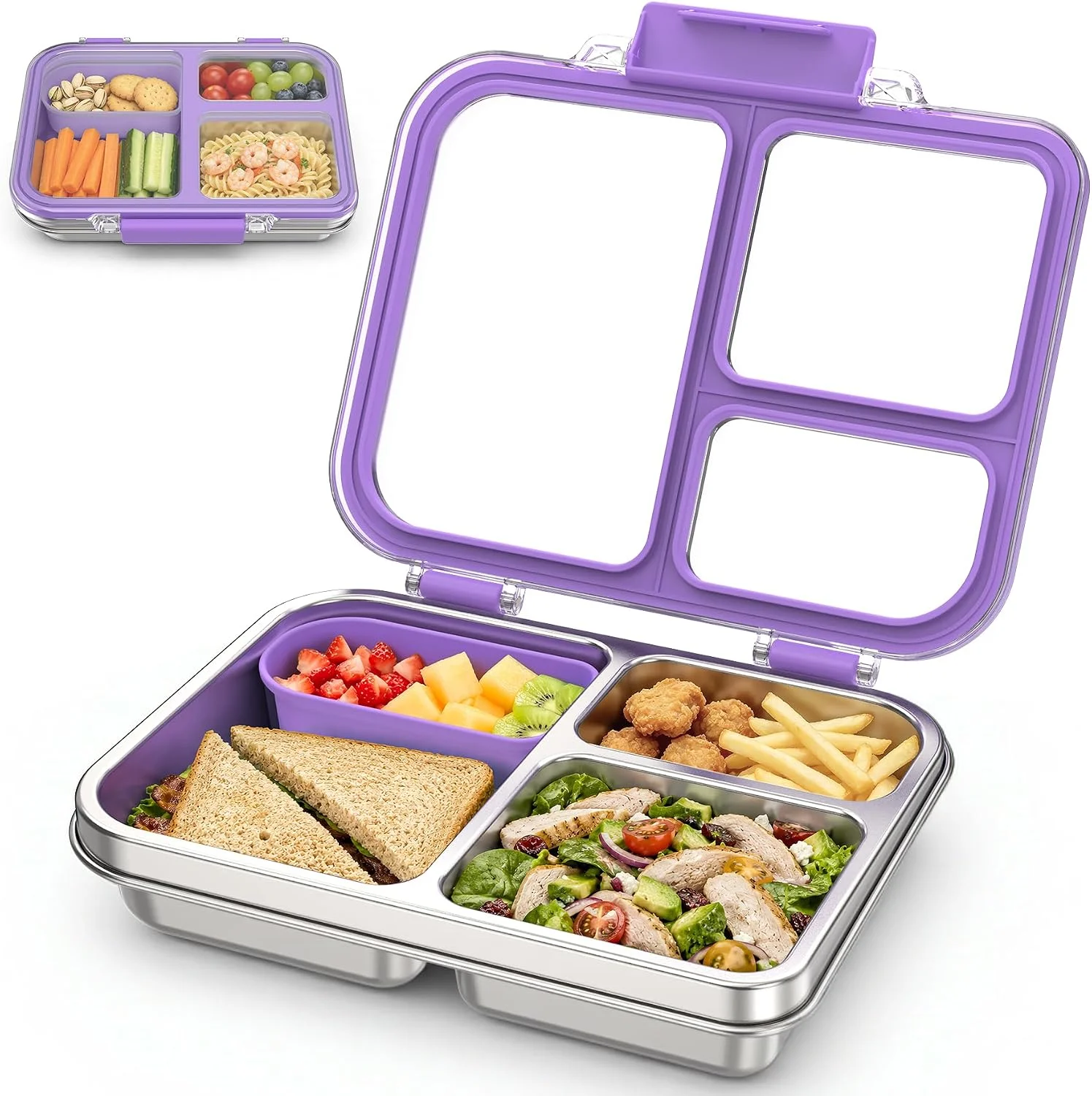 Stainless Steel Bento Box for Kids, 3-Compartment Metal Lunch Box with Clear Lid & Removable Silicone, Lunch Box Kids with Silicone Inner Container - Image 3