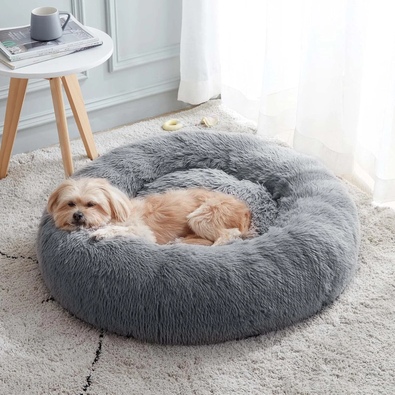 Calming Dog Bed & Cat Bed, Anti-Anxiety Donut Dog Cuddler Bed, Warming Cozy Soft Dog Round Bed, Fluffy Faux Fur Plush Dog Cat Cushion Bed for Small Medium Dogs and Cats (20/24/27/30)