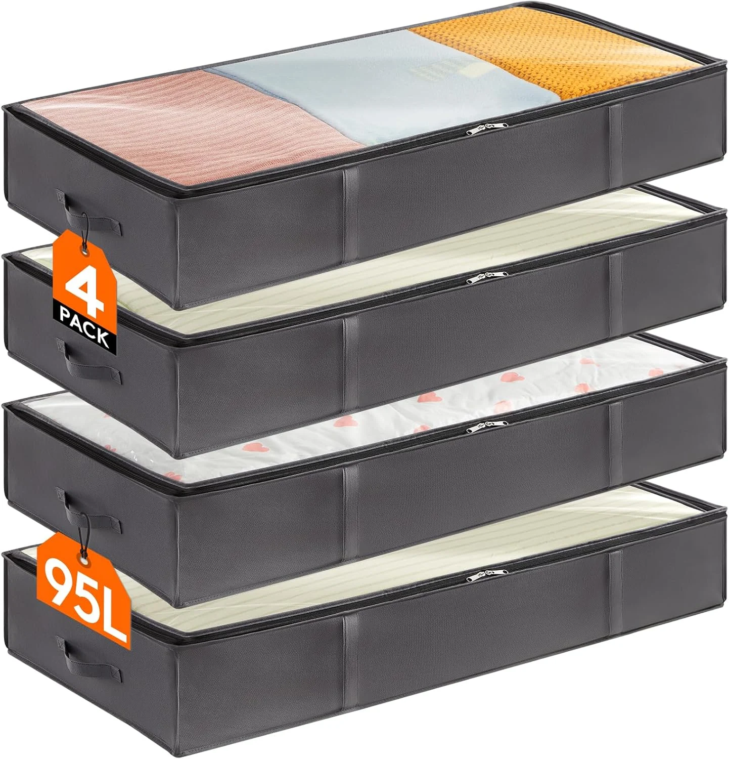 Lifewit 4 Pack 95L Under Bed Storage Bins, Foldable Closet Organizers and Storage Containers,Underbed Storage Bags with Reinforced Handle for Blanket,Clothing,Comforter, Sheets,Wrapping Paper, Grey - Image 2