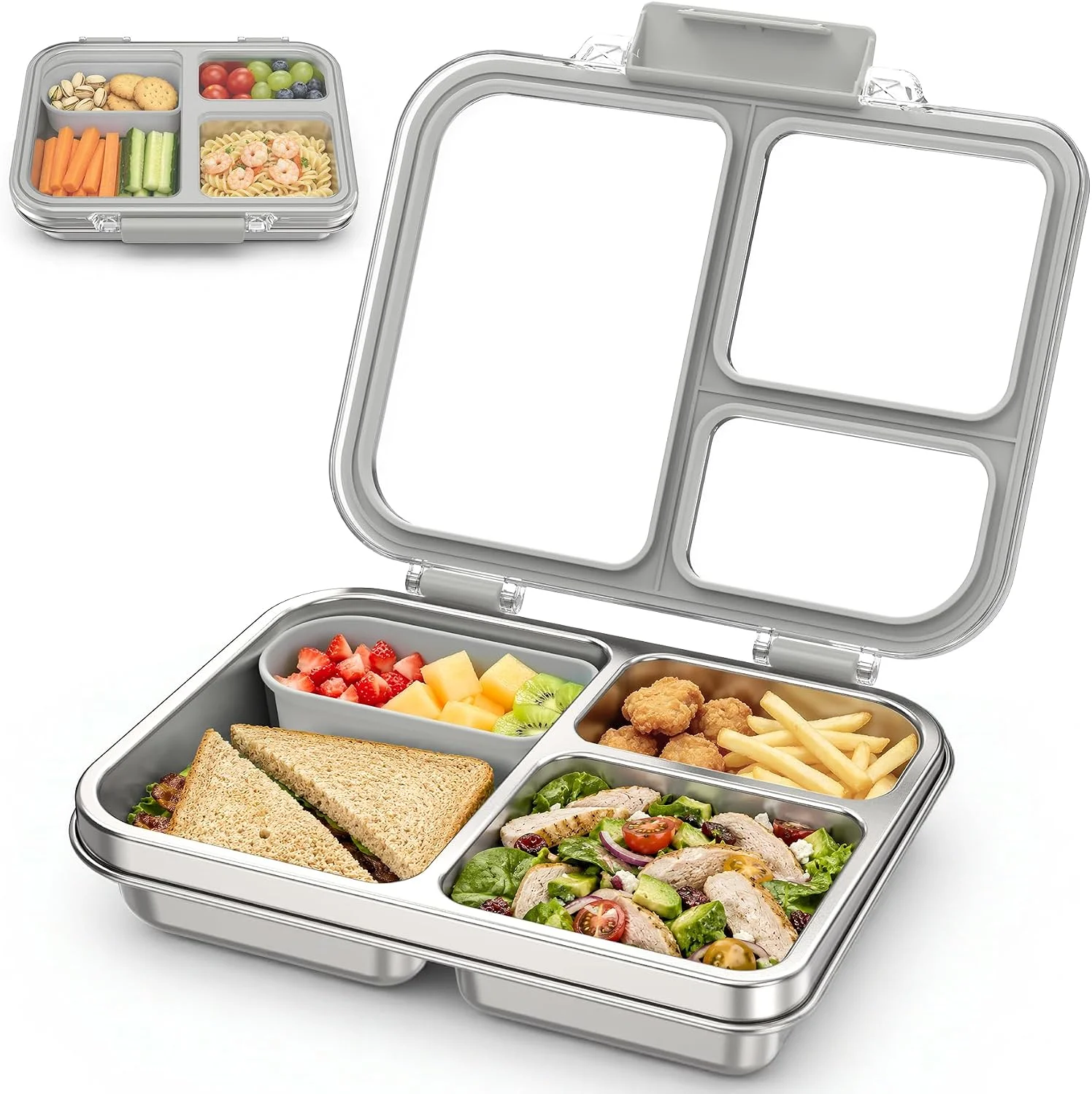 Stainless Steel Bento Box for Kids, 3-Compartment Metal Lunch Box with Clear Lid & Removable Silicone, Lunch Box Kids with Silicone Inner Container - Image 4