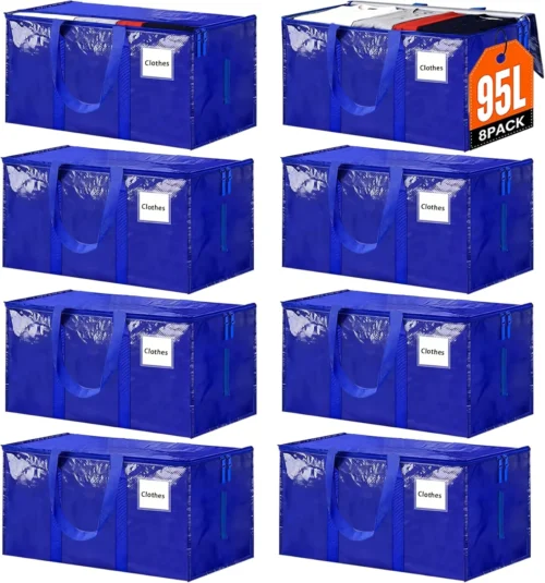 8 Pack Extra Large Heavy Duty Moving Bags,Clear Large Storage Bags with Lids,Moving Boxes with Zippers & Reinforced Handles,Transparent Packing Bags for College Dorm,Traveling,Christmas Decorations