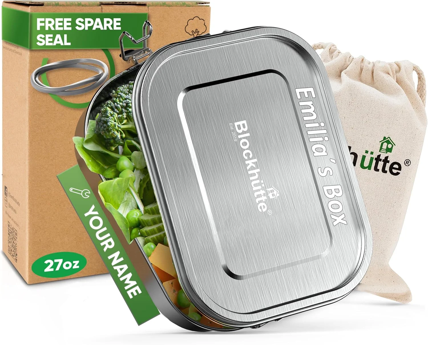 Blockhütte Stainless Steel Lunch Box I 27oz I with free sealing I Bento Box 3 Compartments, Leak-Proof Food Containers, Metal Lunchbox for Travel & Work, Eco-Friendly Meal Storage Solution - Image 2