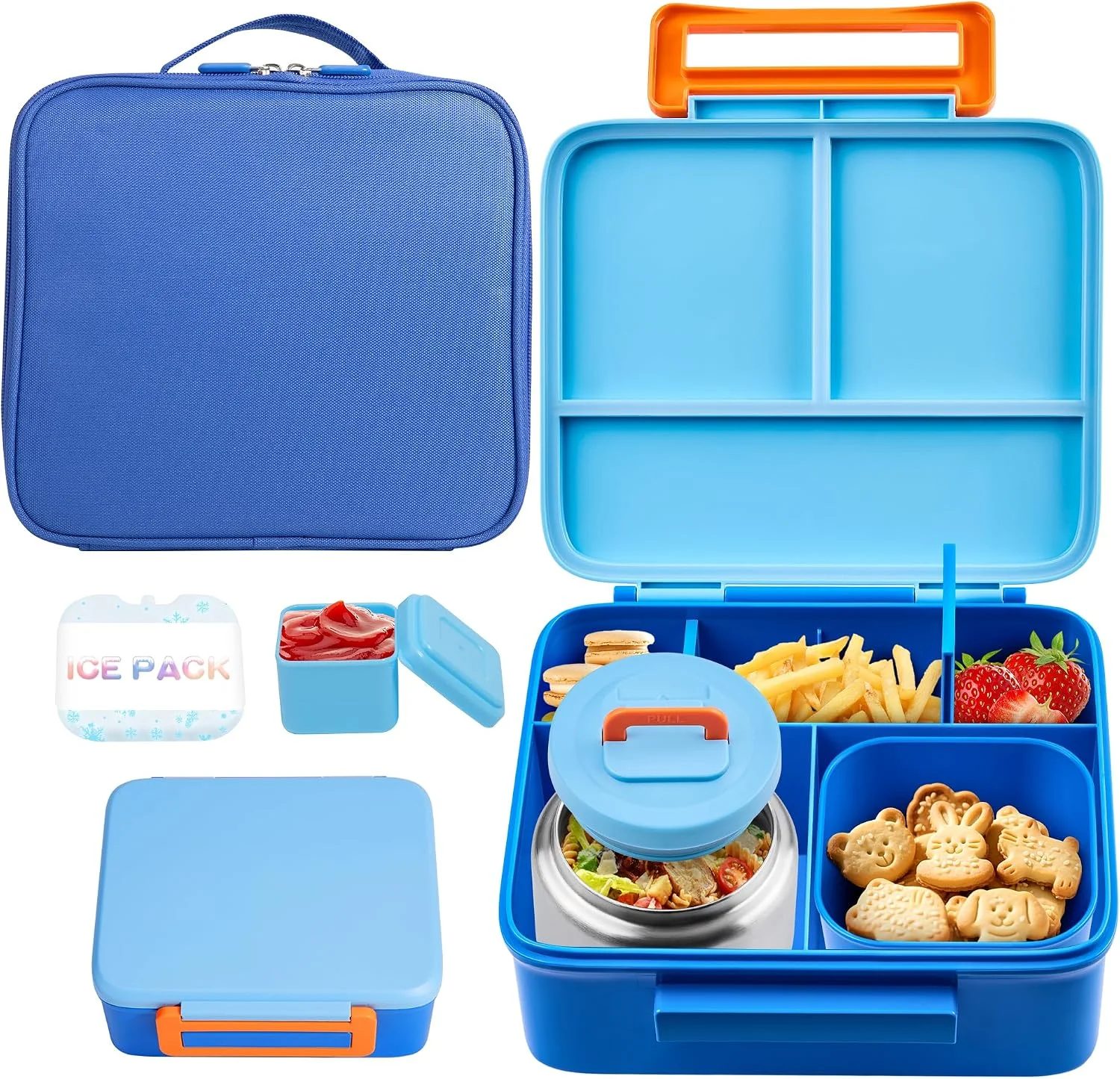 Bento Lunch Box for Kids with Thermo, Leakproof Bento Box with 8oz Insulated Food Jar, Lunch Bag, BPA Free Dishwasher Safe 4 Compartment Container for School Girls Boys (Blue) - Image 2