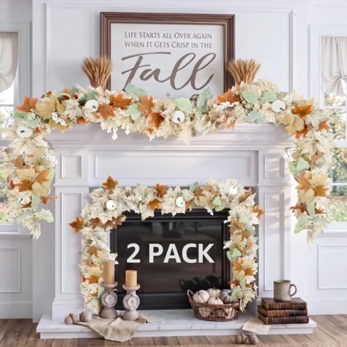 Alternative view of Fall Garland for Mantle Fireplace - 2 Pack 6Ft Outdoor Autumn Leaves Decor for Home Front Door with Pumpkins Indoor Maple for Farmhouse Table Stairs