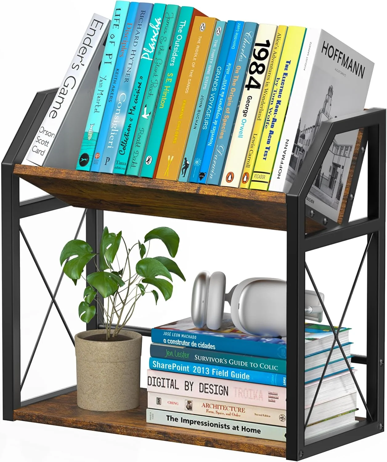 Office Desk Shelf Organizer, Wood Desktop Bookshelf Supplies Storage Rack, Shelf for Top of Desk and Dresser (Black-2 Tier) - Image 7