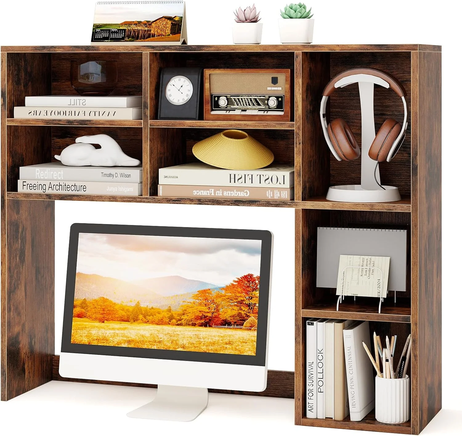Desktop Bookshelf, Countertop Storage Hutch with 5 Shelves for Computer Desk, 3-Tier Display Rack, Multipurpose Wood Storage Organizer for Dorm Office Home - Image 19
