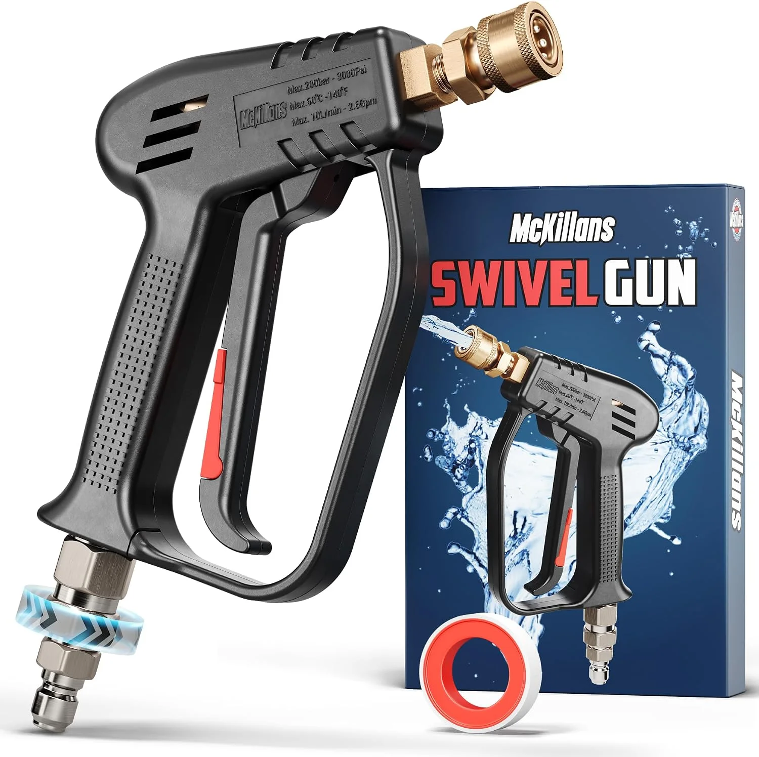 Short Pressure Washer Gun with Swivel - High Pressure Water Handle with 3/8 Male Plug and 1/4?? Quick Connector Coupler - Power Washer Gun Compatible - Image 4