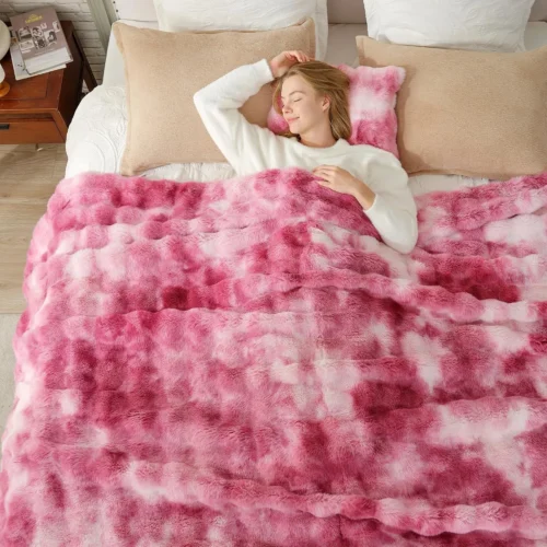 Alternative view of Cozy Bliss Faux Fur Throw Blanket for Couch, Fuzzy Soft Plush Thick Bubble Blanket for Sofa Bedroom Living Room, 50 * 60 Inches Tie-dye Taupe