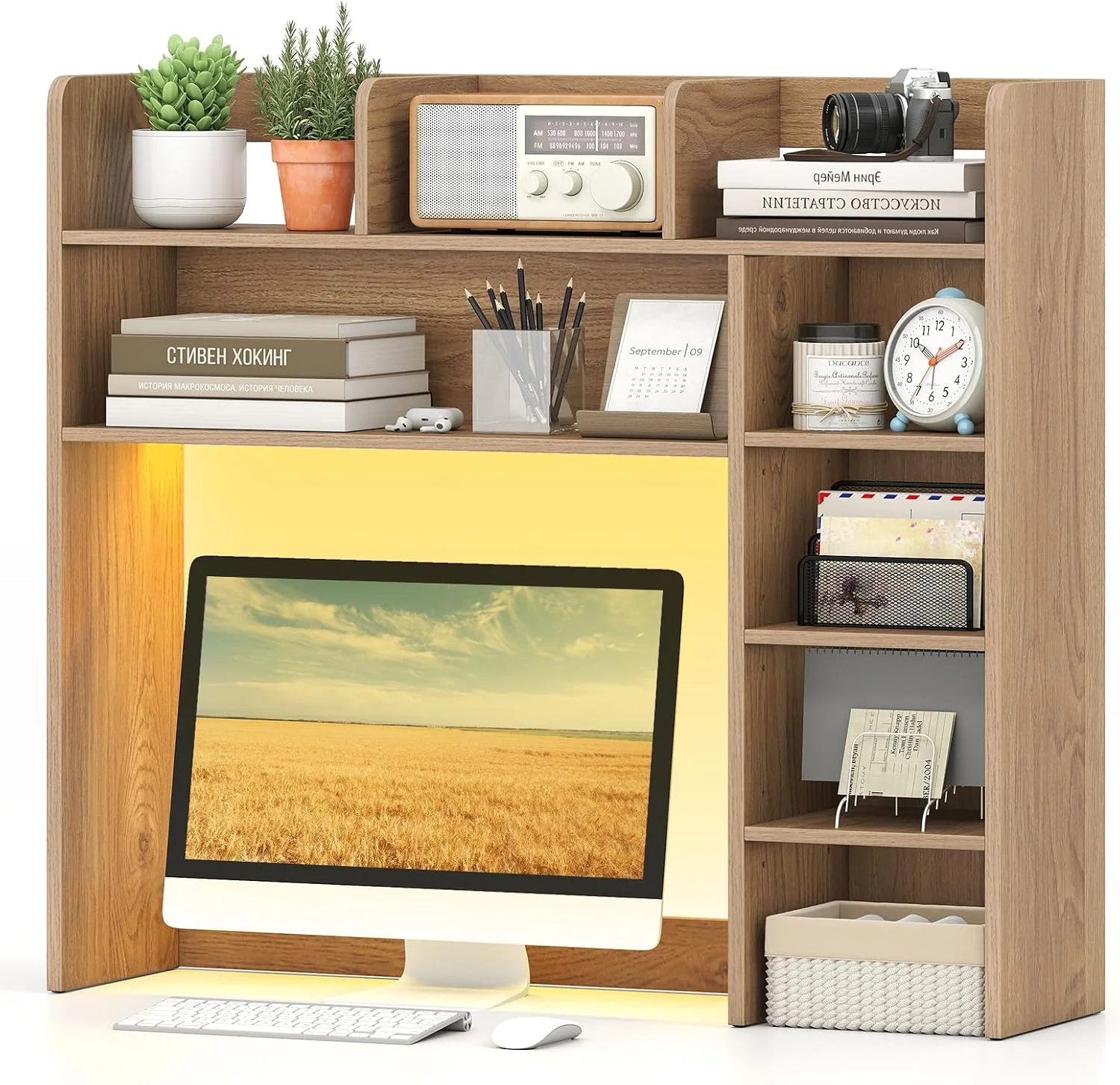 Desktop Bookshelf, Countertop Storage Hutch with 5 Shelves for Computer Desk, 3-Tier Display Rack, Multipurpose Wood Storage Organizer for Dorm Office Home - Image 14