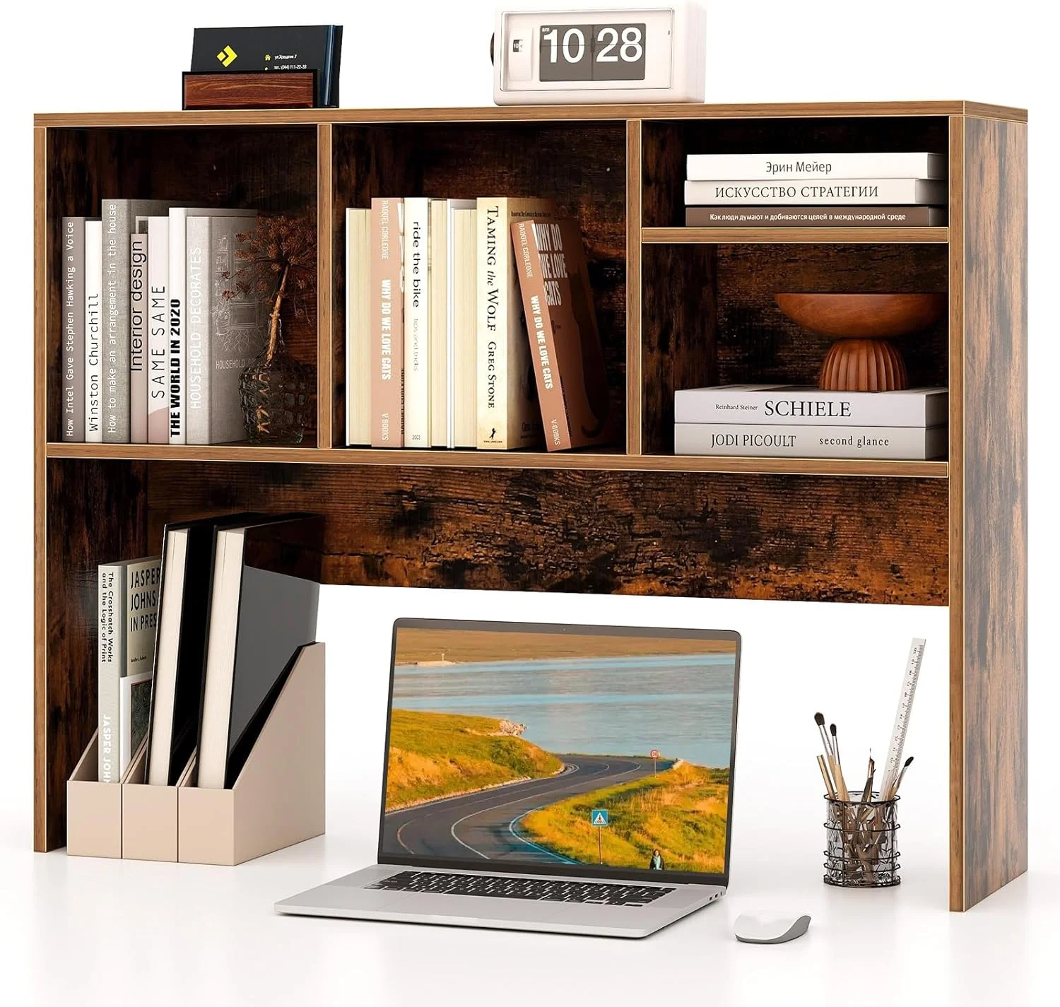 Desktop Bookshelf, Countertop Storage Hutch with 5 Shelves for Computer Desk, 3-Tier Display Rack, Multipurpose Wood Storage Organizer for Dorm Office Home - Image 13