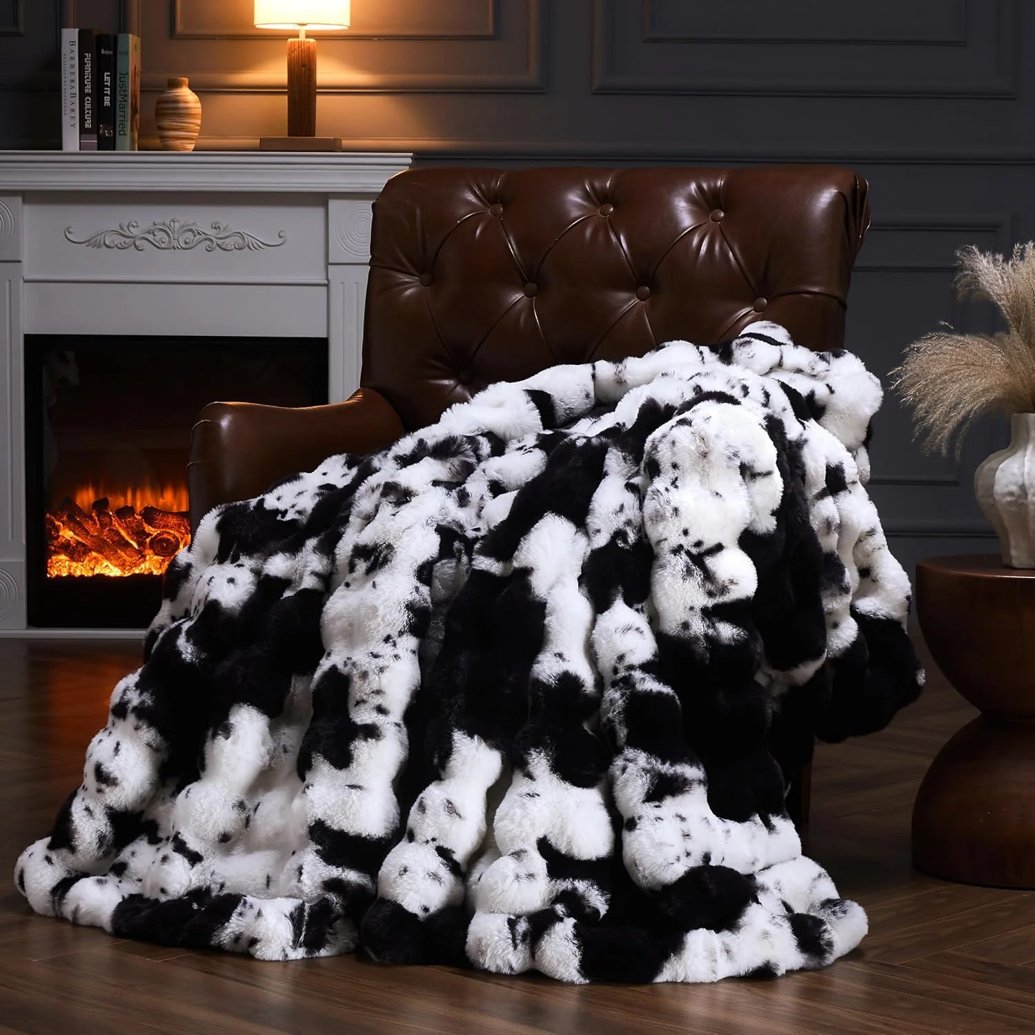 PLUUSHUU Faux Fur Throw Blanket for Couch, Fluffy Fuzzy Plush Bubble Blanket, Soft Warm Cozy Shaggy Rabbit Blanket, Luxury Decorative Gifts for Sofa Bedroom Living Room, 60x50inch (Cow Print-Brown) - Image 2