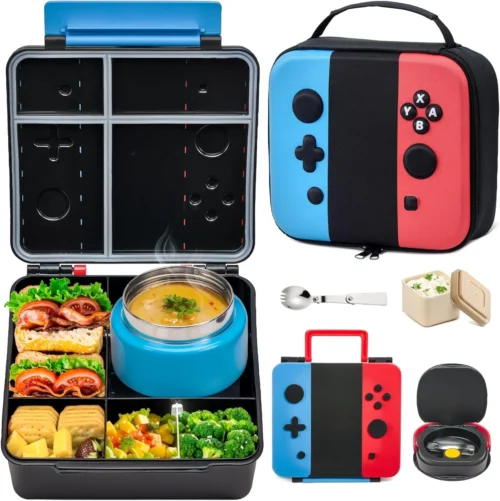 FAJSL Game Lunch Box for Kids with Thermo, 9 OZ Stainless Food Jar & Insulated Lunch Bag, BPA-Free Kids Lunch Bento Box with Sauce Cup, Leakproof Lunch Box Set for Boys & Girs, School, Travel