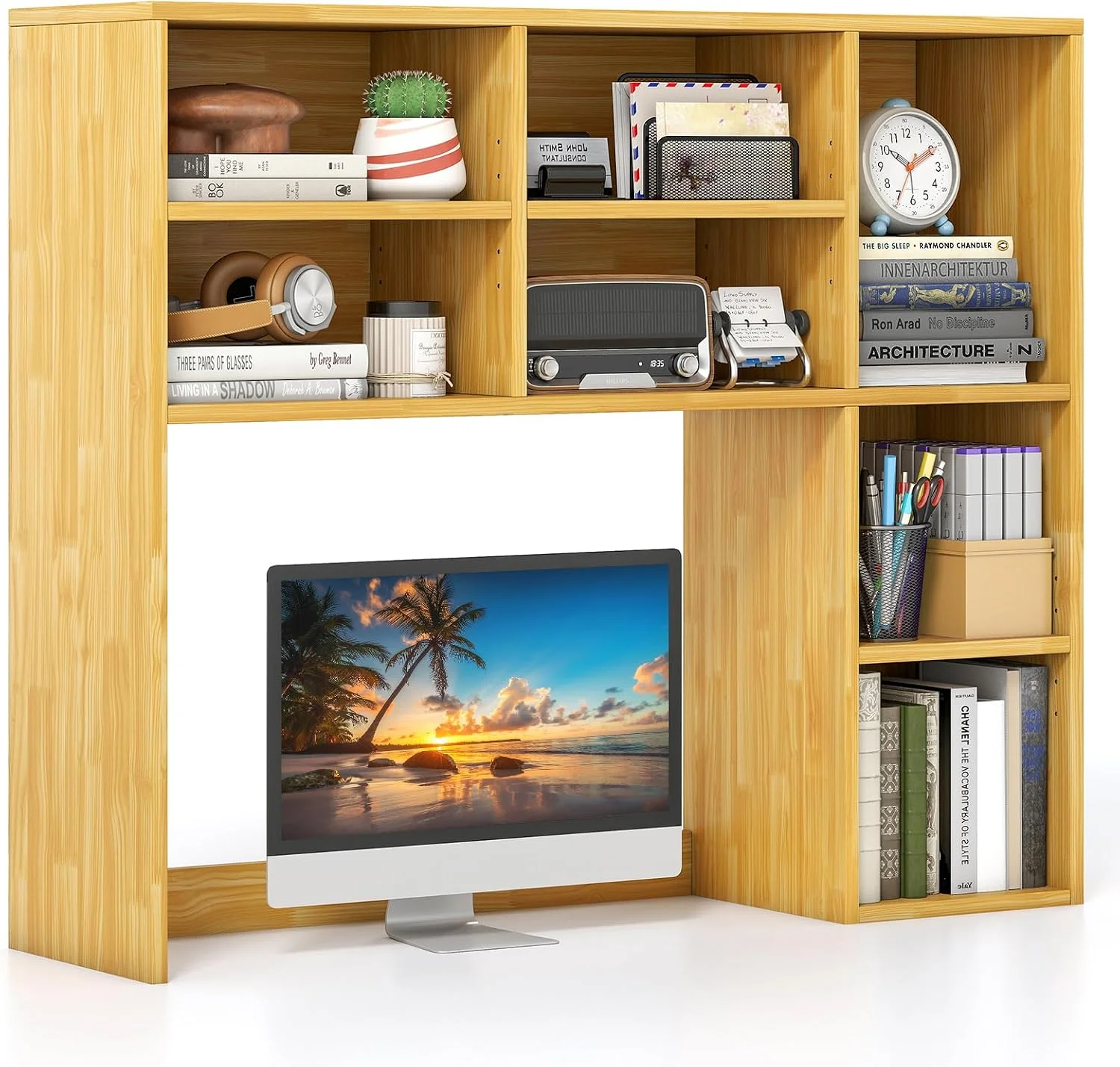 Desktop Bookshelf, 37 Desk Hutch Dorm for Computer Up to 32 Inch, Countertop Hutch w/6 Storage Shelves, 3-Tier Desktop Organizer Display Rack, Wood Desk Shelf for Home Office (Natural) - Image 3